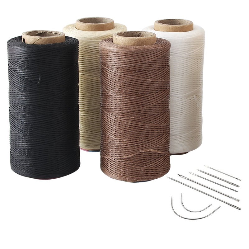 Co-link 4pcs Crafts 0.8mm 150D Leather Sewing Hand Stitching Jewelry Craft Waxed Thread String Cord with 1 Set (7pcs) Curved Upholstery Sewing Needles (White + Beige + Dark Brown + Black) - Image 1